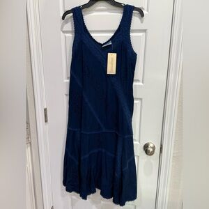 Holy Clothing Navy Blue Embroidered Corset Back Sleeveless Midi Dress NWT